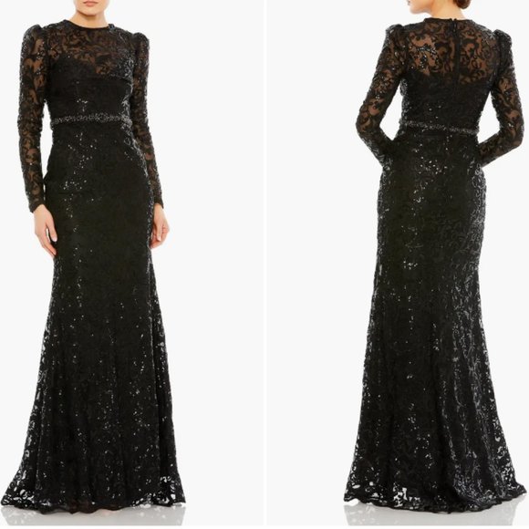 MAC DUGGAL 68011 EMBELLISHED HIGH NECK LONG SLEEVE BLACK GOWN 8 - Picture 1 of 3